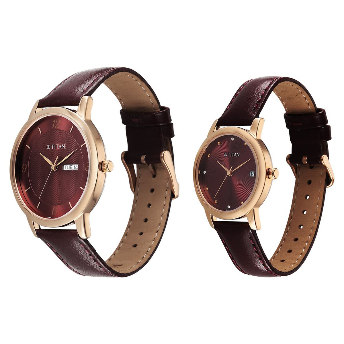 Titan Bandhan Eternal Pair Analog with Date and Maroon Dial Maroon Leather Strap Watch for Couples 3