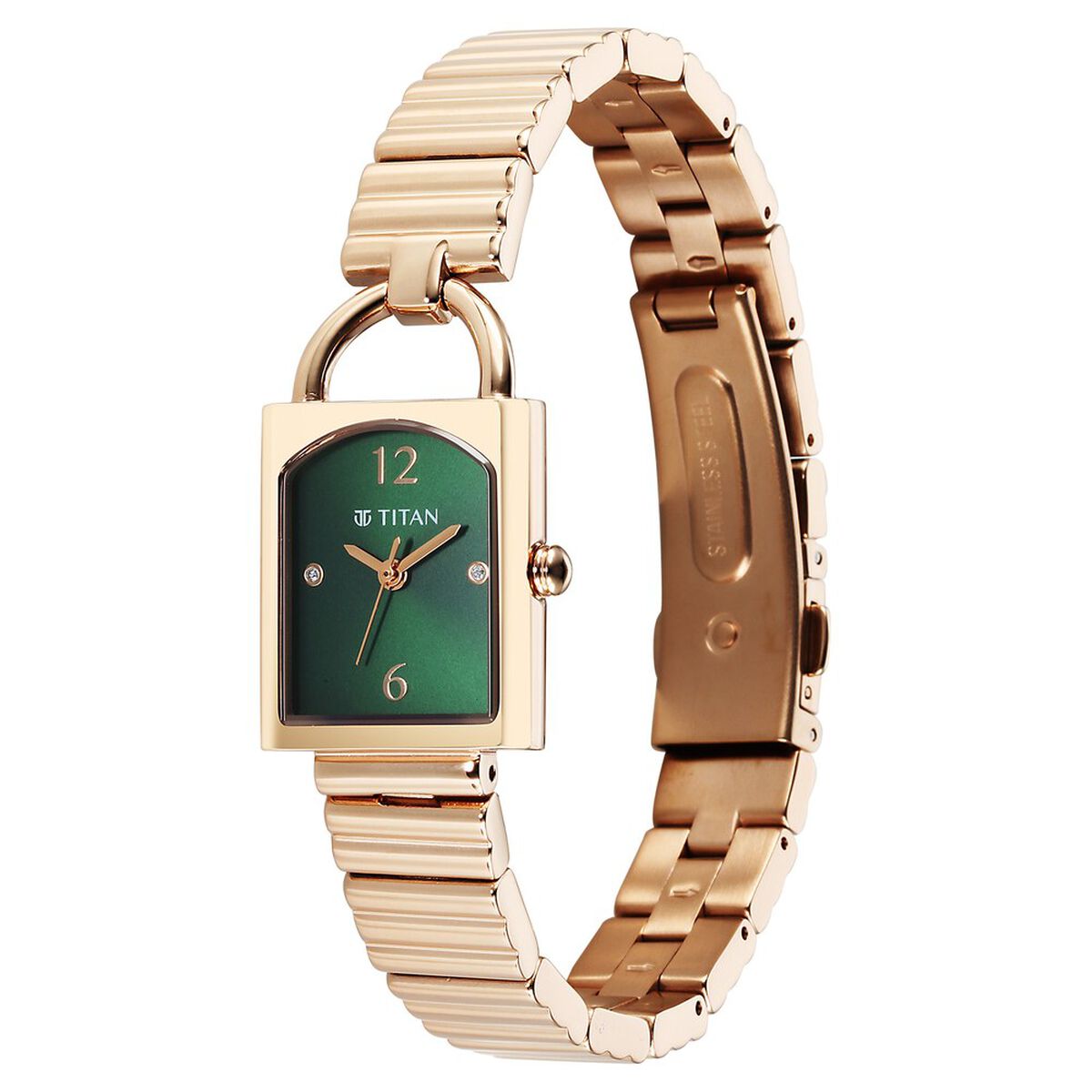 Titan Purple Metro Quartz Analog Green Dial Champagne Gold Stainless Steel Strap Watch For Women 3