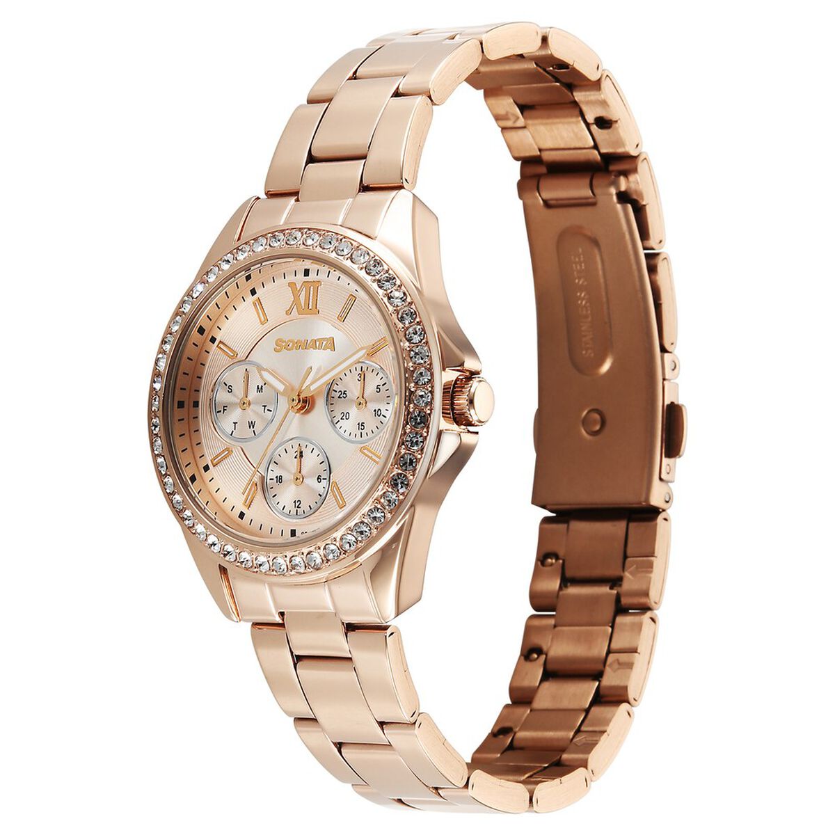 Sonata Festive Quartz Multifunction Pink Dial Metal Strap Watch For Women 2