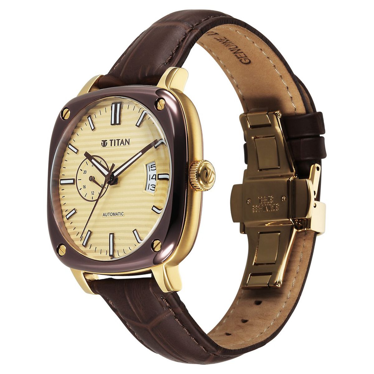 Titan Vintage Concealed Automatic Analog with Beige Dial Brown Leather Strap Watch for Men 3