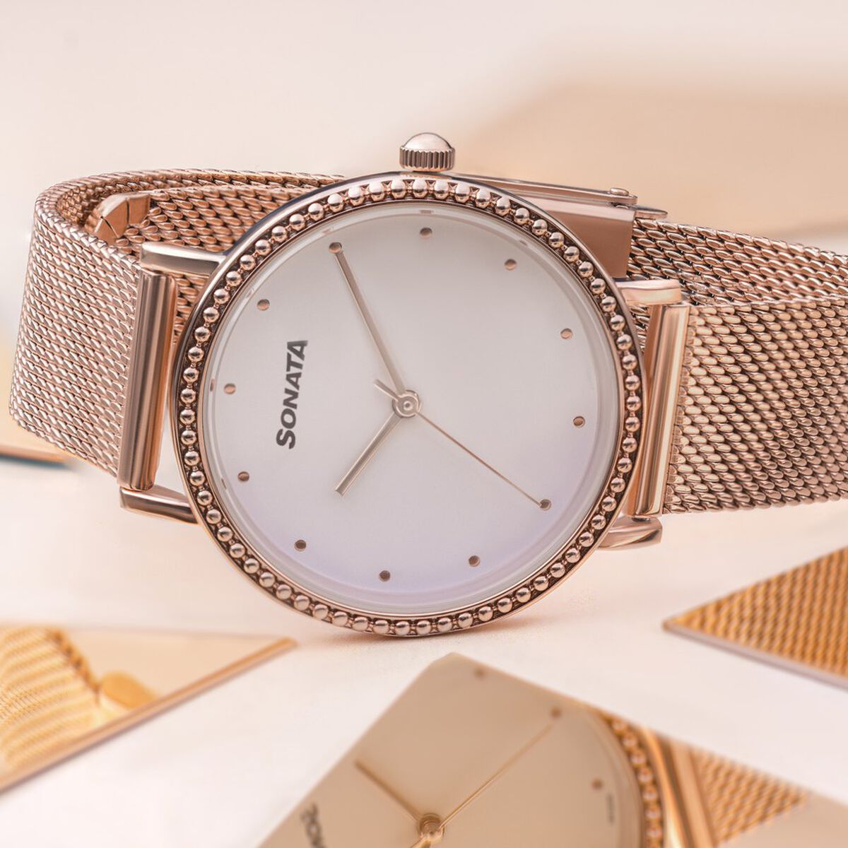 Sonata Quartz Analog White Dial Rose Gold Stainless Steel Strap Watch For Women 1