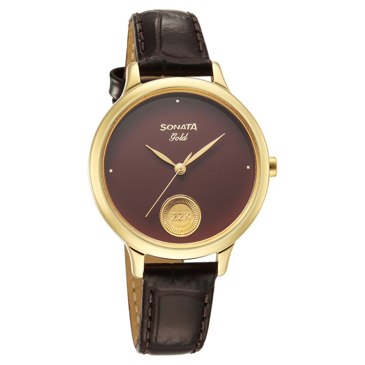 Sonata Gold Quartz Analog Regal Maroon With Gold Coin Dial Brown Leather Strap Watch For Women 1