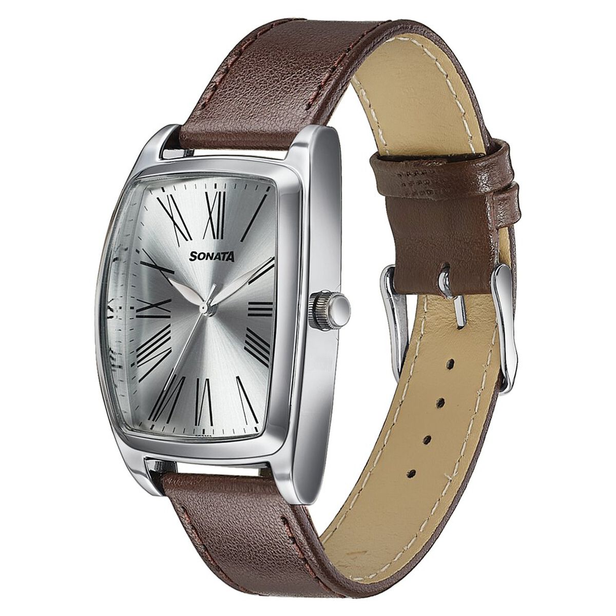 Sonata Ascent Quartz Analog Silver Dial Brown Leather Strap Tonneau Watch For Men 3