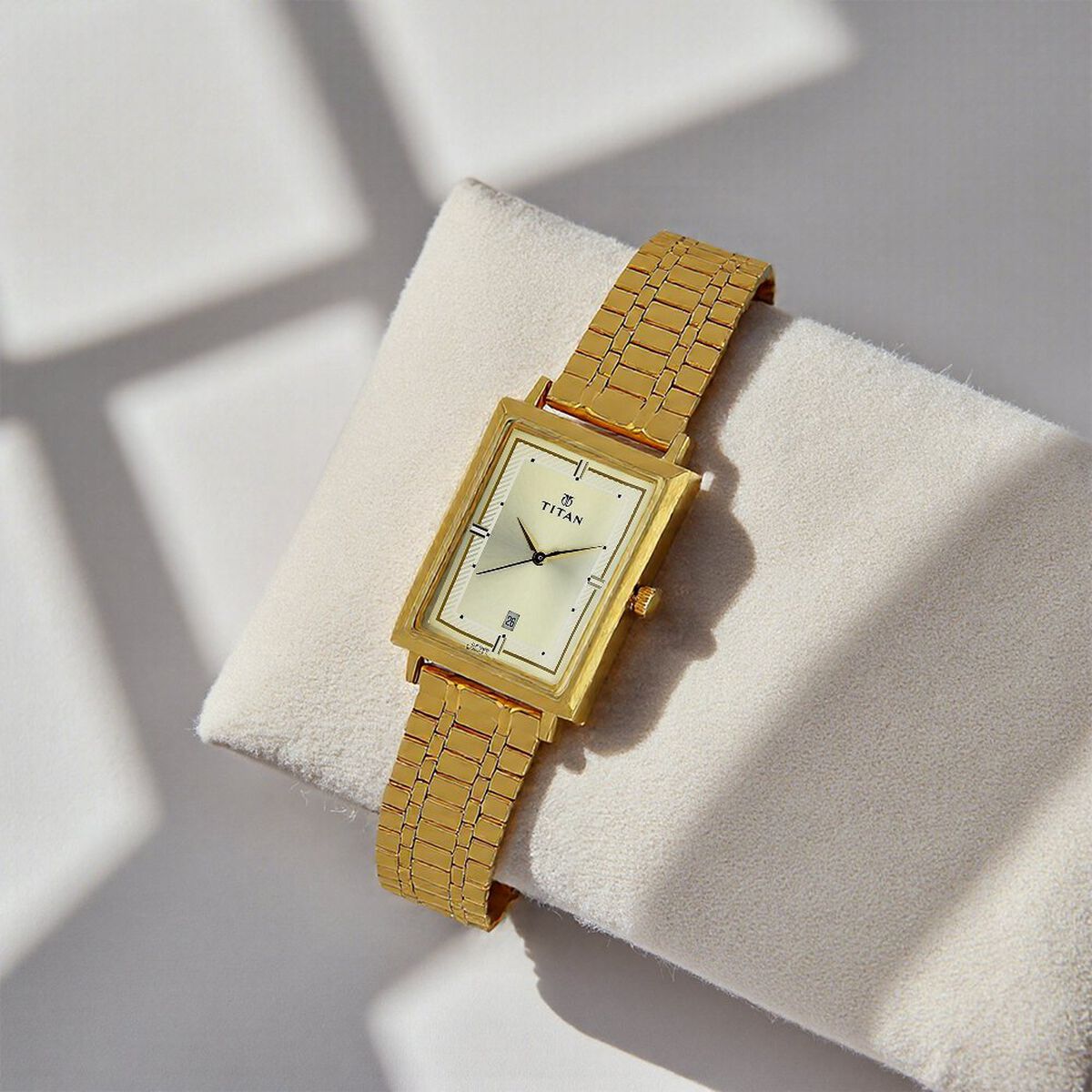 Titan Quartz Analog with Date Champagne Dial Golden Stainless Steel Strap Rectangular Shaped Watch For Men 1