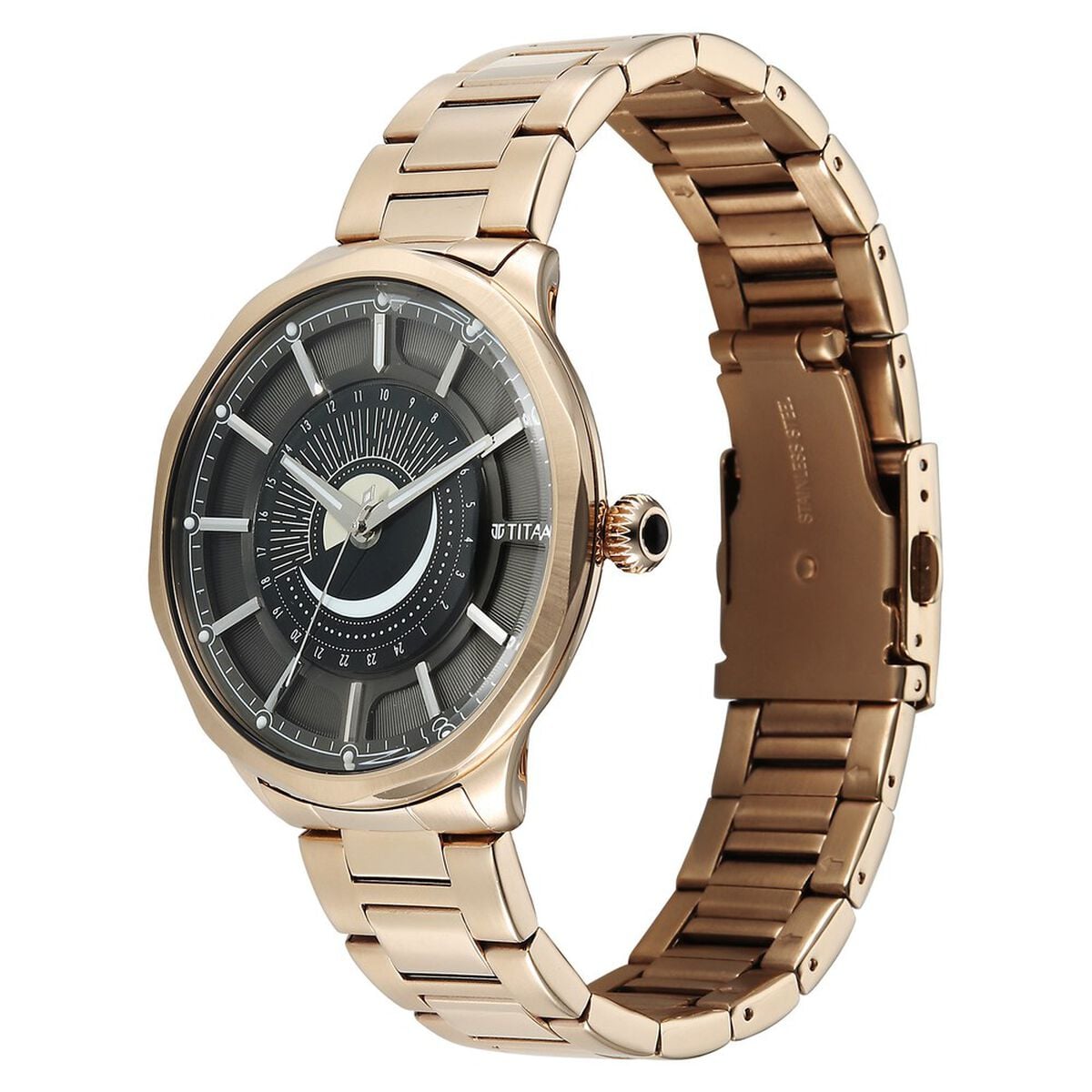 Titan Stellar Analog with Sun Moon Phase and Black Dial Carnation Gold Stainless Steel Strap Watch for Men 5
