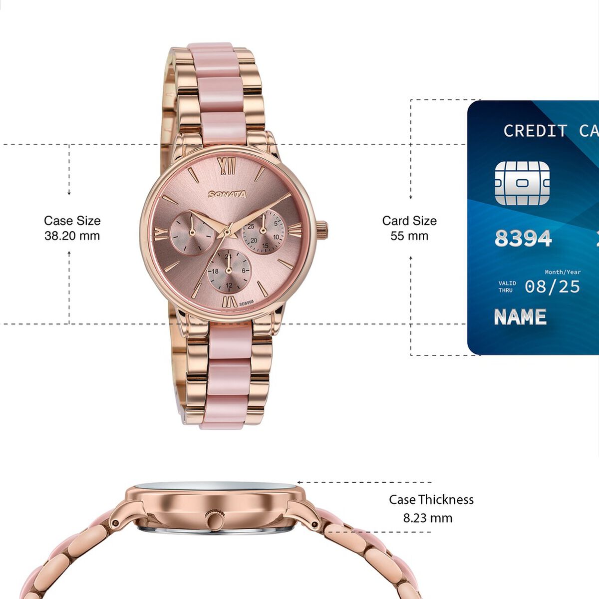 Sonata Festive Quartz Multifunction Pink Dial Two Toned Acetate And Metal Strap Watch For Women 4