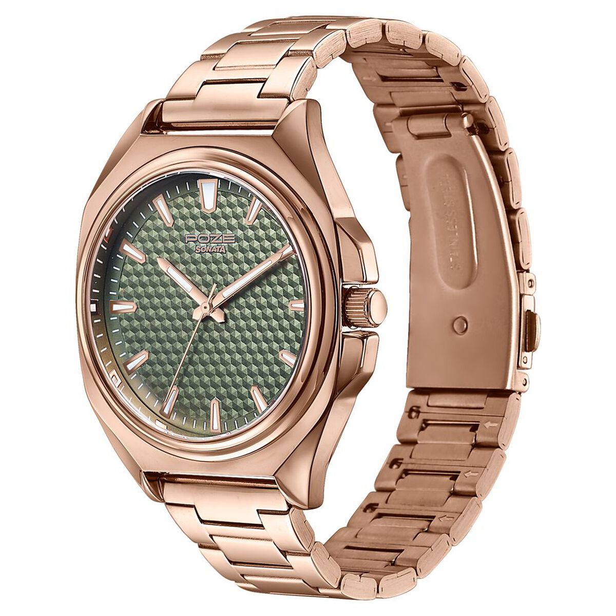 Poze By Sonata Quartz Analog Green Dial Rose Gold Metal Strap Watch For Men 5