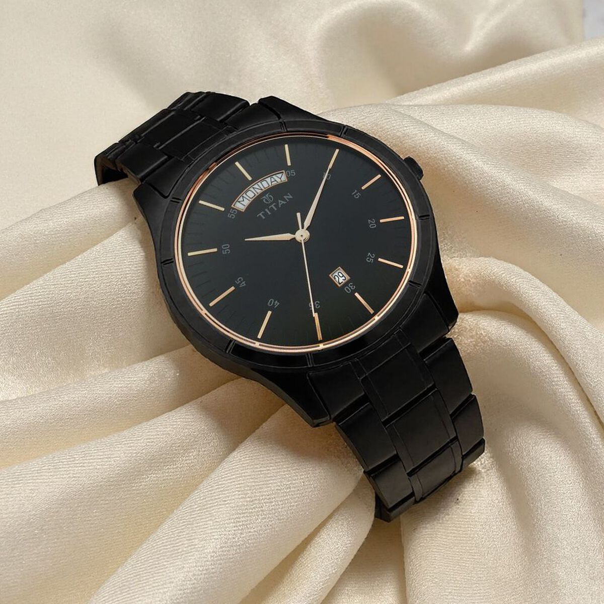 Titan Quartz Analog with Day and Date Black Dial Black Stainless Steel Strap Watch For Men 1