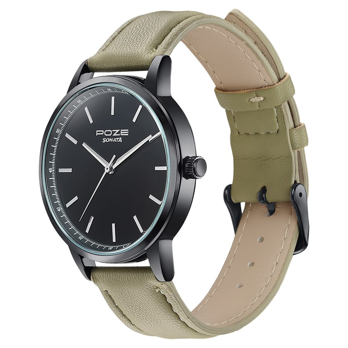 Poze By Sonata Quartz Analog Black Dial Beige Leather Strap Watch For Men 5