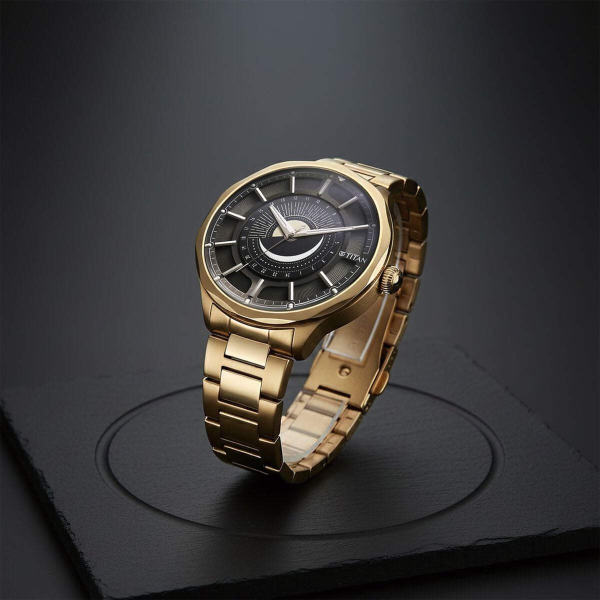Titan Stellar Analog with Sun Moon Phase and Black Dial Carnation Gold Stainless Steel Strap Watch for Men 1