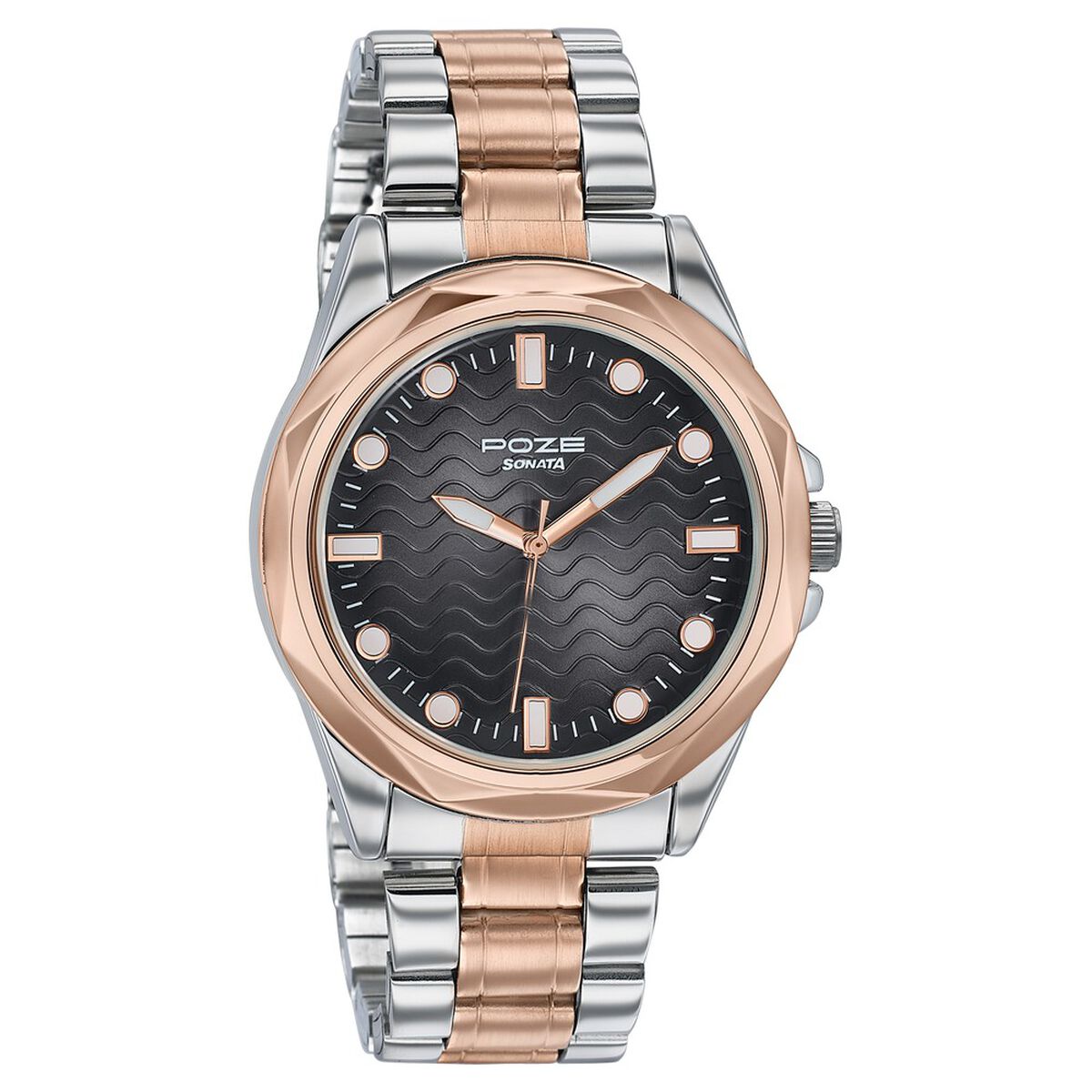 Poze By Sonata Quartz Analog Black Dial Two Toned Metal Strap Watch For Men 3