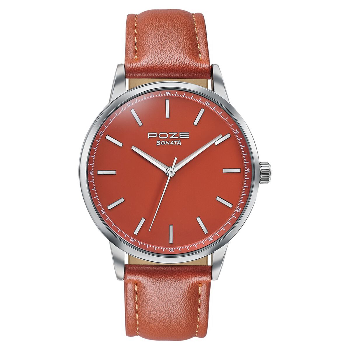 Poze By Sonata Quartz Analog Orange Dial Orange Leather Strap Watch For Men 2