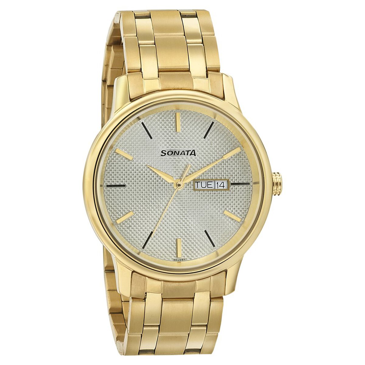 Sonata Quartz Analog with Day and Date Champagne Dial Metal Strap Watch for Men 1