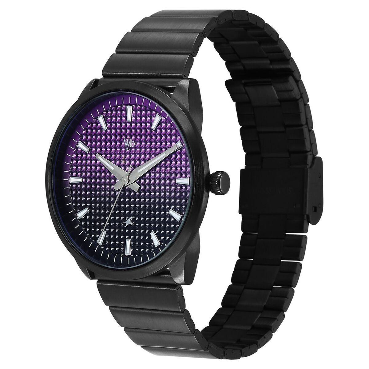Vyb Arcane By Fastrack Quartz Analog Purple Dial Black Stainless Steel Strap Watch For Guys 3