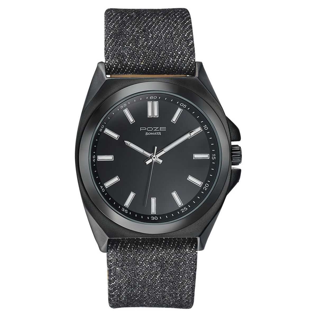 Sonata Poze Quartz Analog Black Dial Black Denim Leather Strap Watch For Men 2