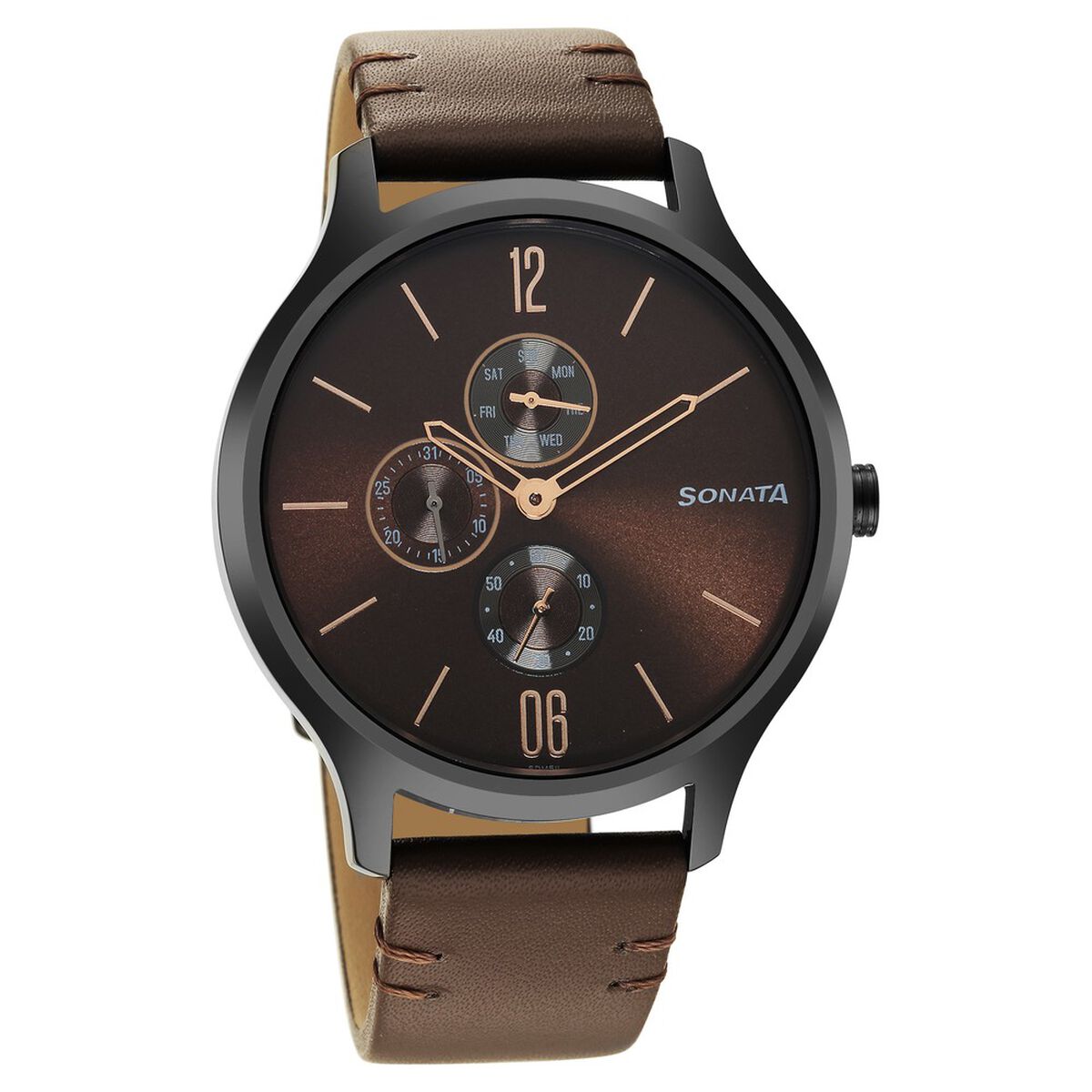 Sonata Quartz Multifunction Brown Dial Leather Strap Watch for Men 1