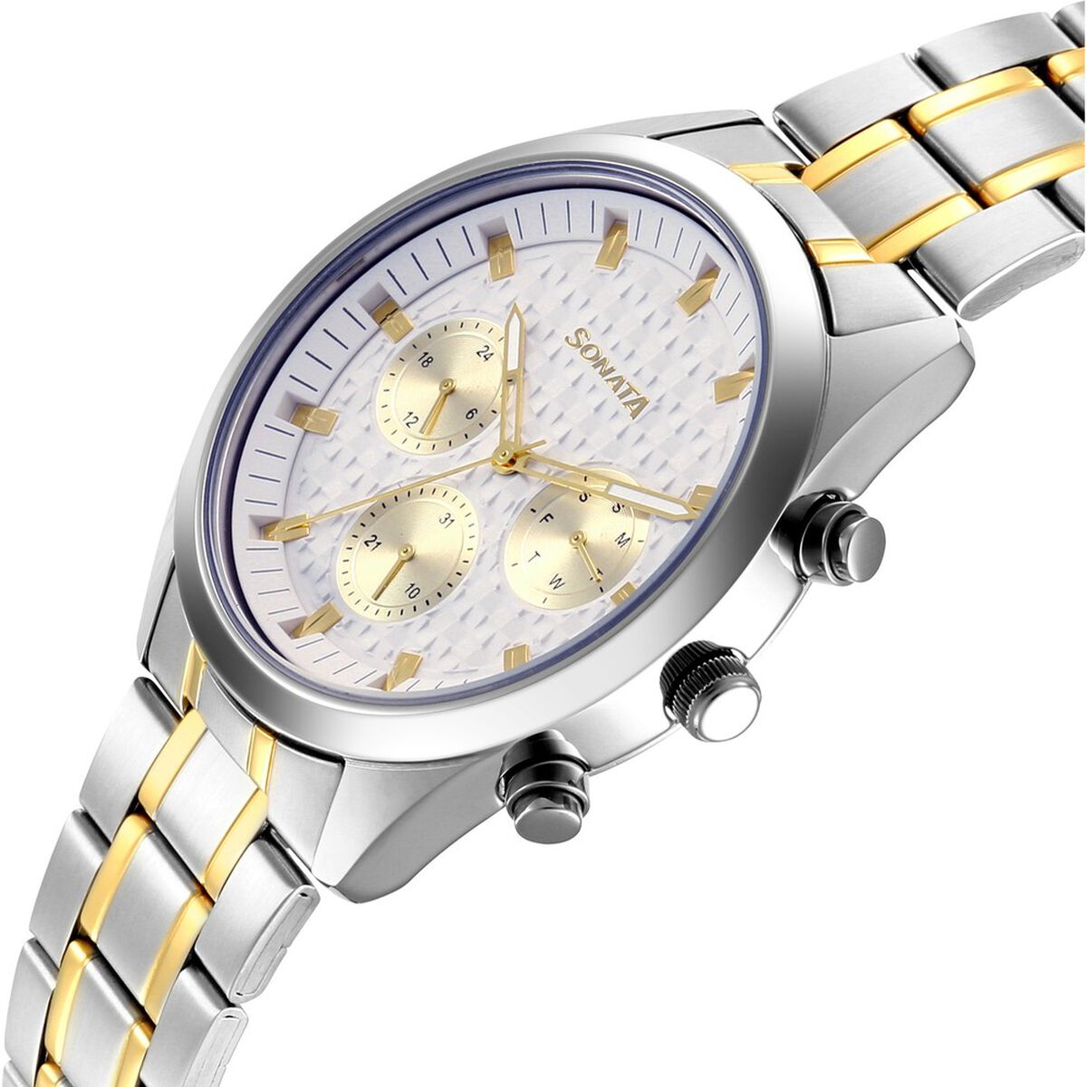 Sonata Multifunction White Dial Two Toned Metal Strap Watch For Men 5