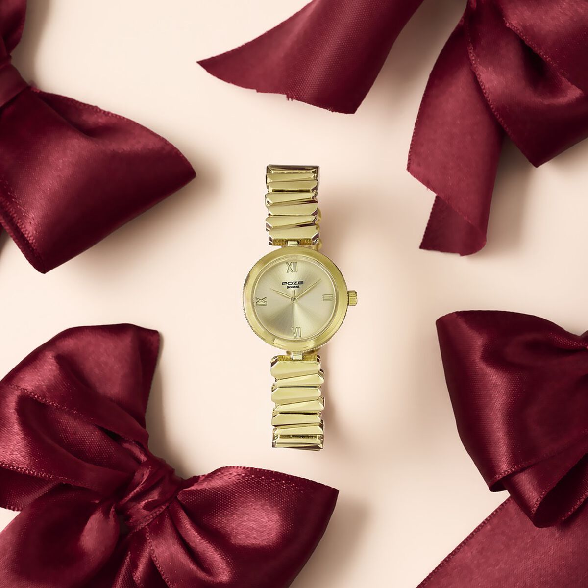 Poze By Sonata Quartz Analog Golden Dial Golden Metal Strap Watch For Women 1