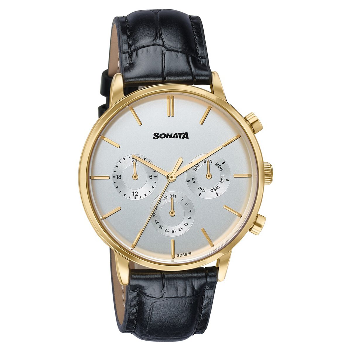Sonata Festive Quartz Multifunction Two Toned Dial Black Leather Strap Watch For Men 2