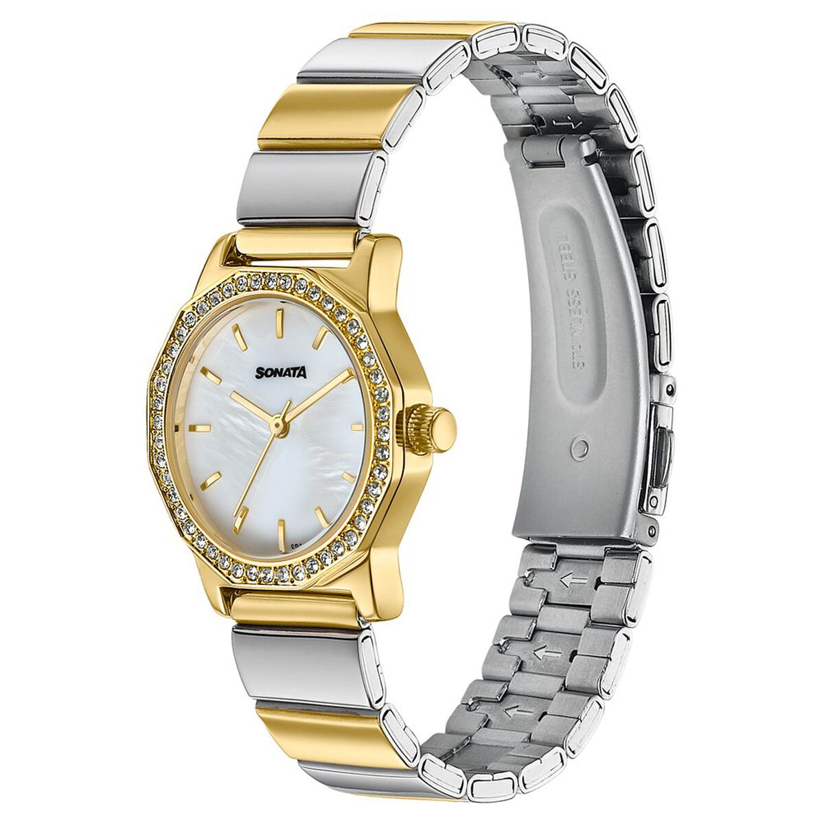 Sonata Festive Quartz Analog Mother Of Pearl Dial Two Toned Metal Strap Watch For Women 3