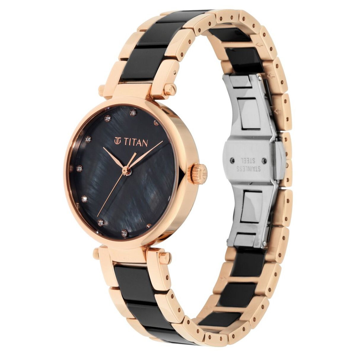Titan Purple Quartz Analog Black Dial Two Toned Ceramic Strap Watch For Women 3