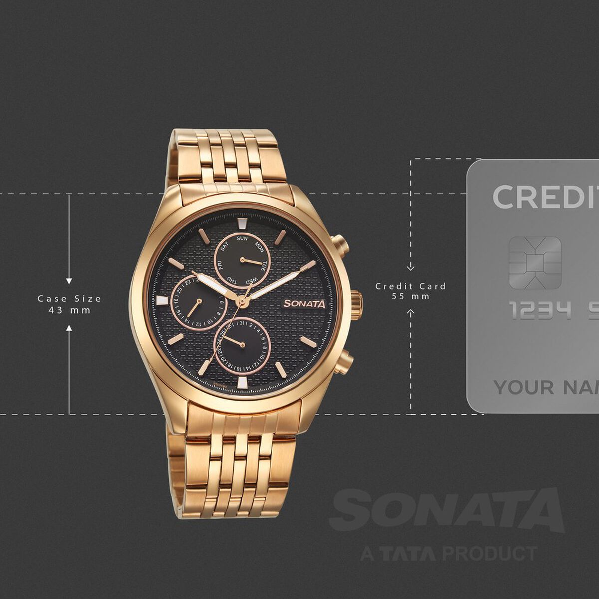 Sonata Magna Quartz Multifunction Black Dial Rose Gold Stainless Steel Strap Watch For Men 4