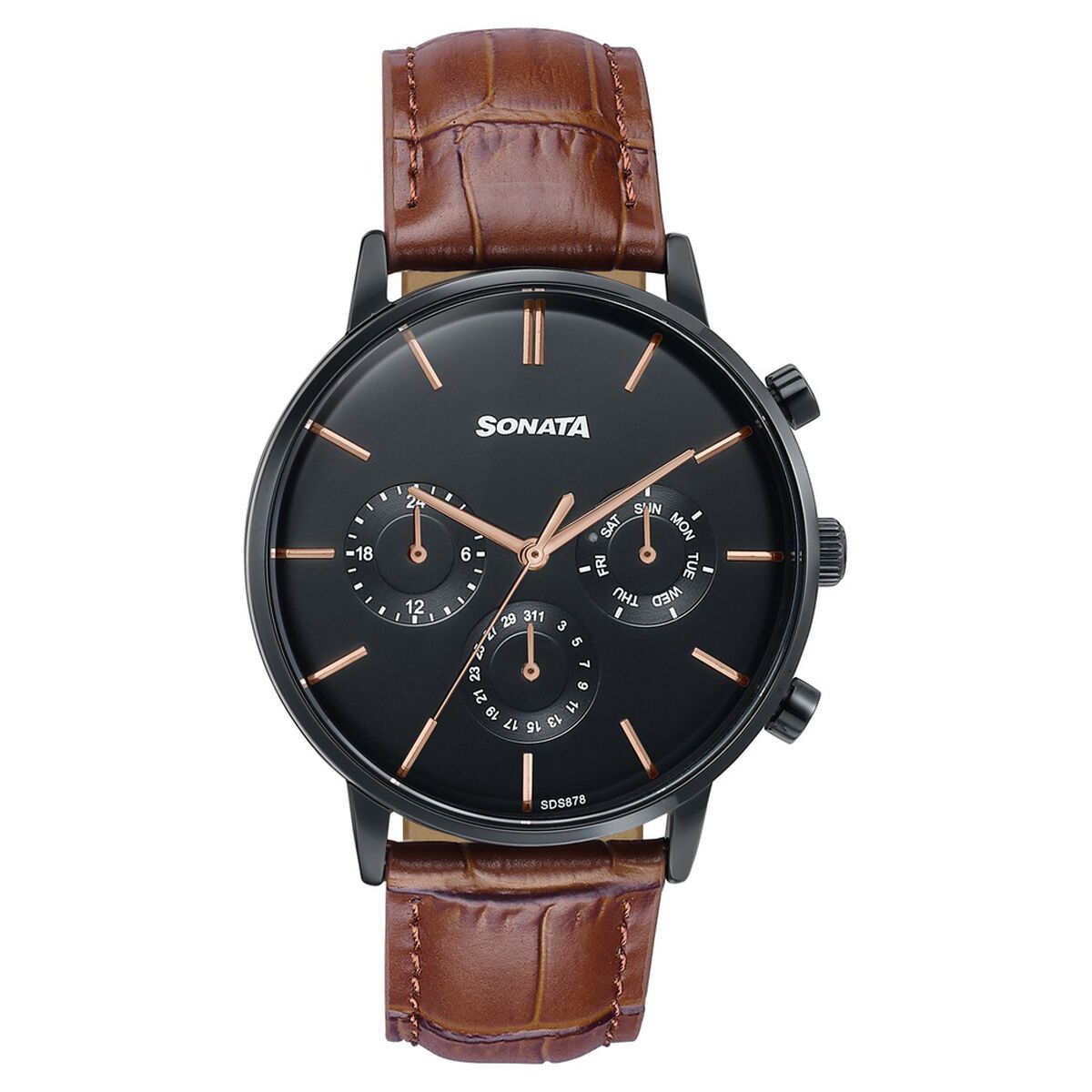 Sonata Festive Quartz Multifunction Black Dial Brown Leather Strap Watch For Men 1