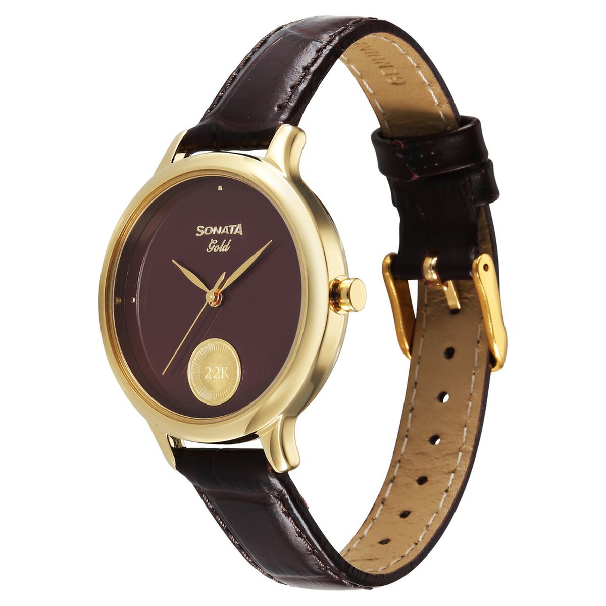Sonata Gold Quartz Analog Regal Maroon With Gold Coin Dial Brown Leather Strap Watch For Women 3