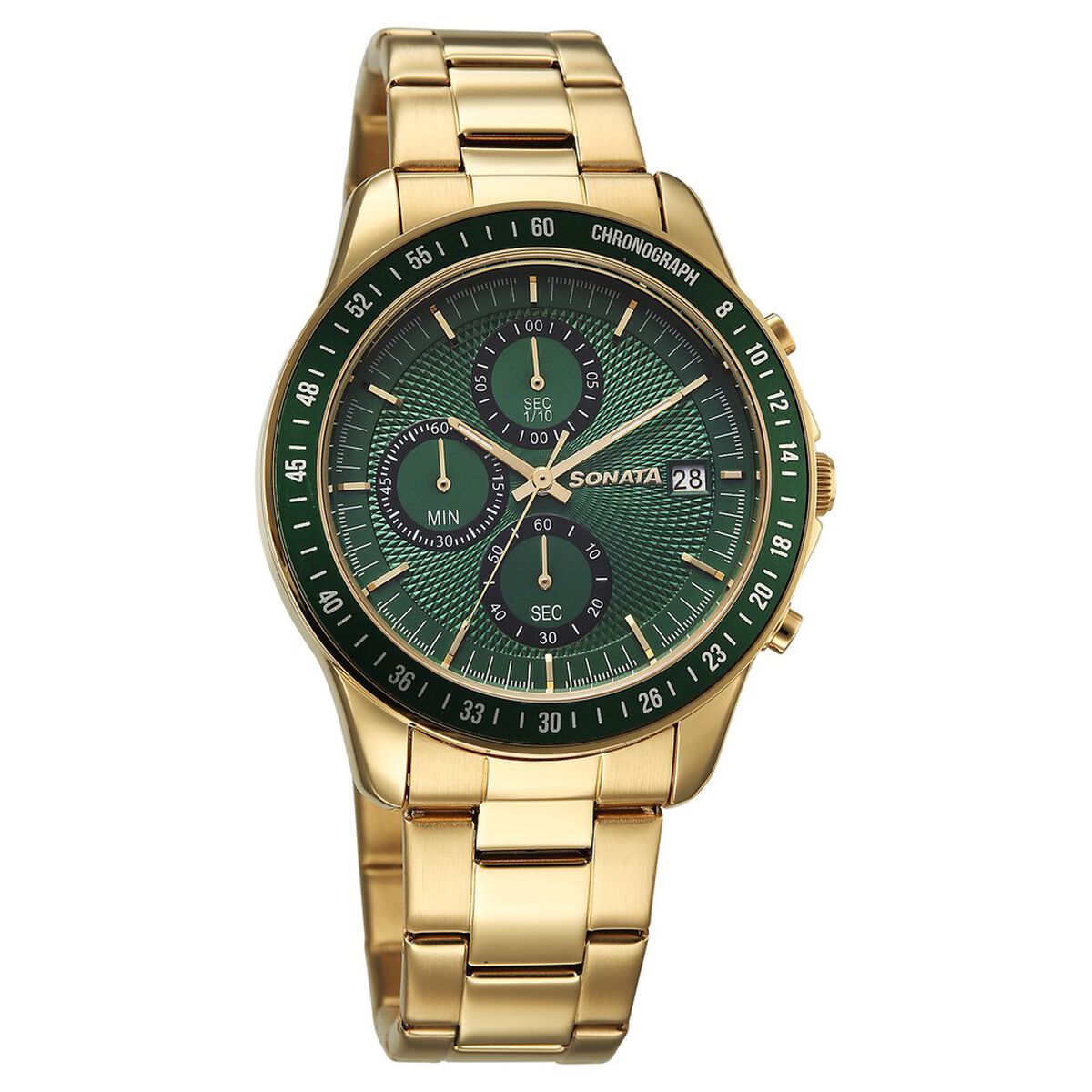 Sonata Chronos Quartz Analog with Date Green Dial Golden Colour Stainless Steel Strap Watch For Men 2