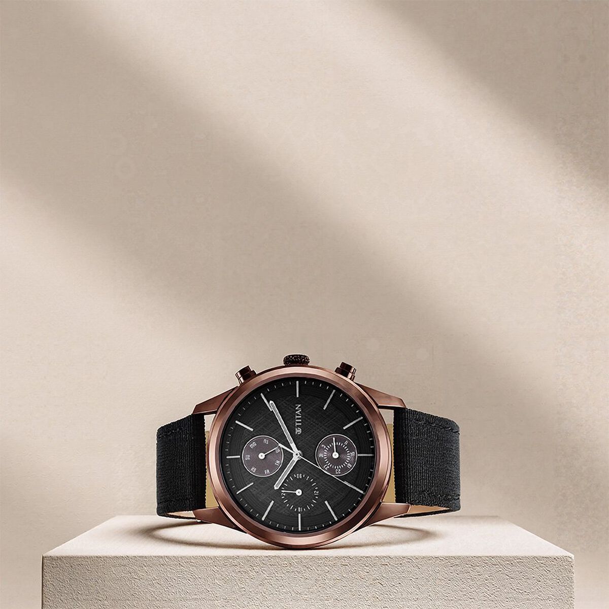 Titan Men's Infinity Chrono watch: Precise Black Dial, Rose Gold Highlights, Durable Leather Strap 1