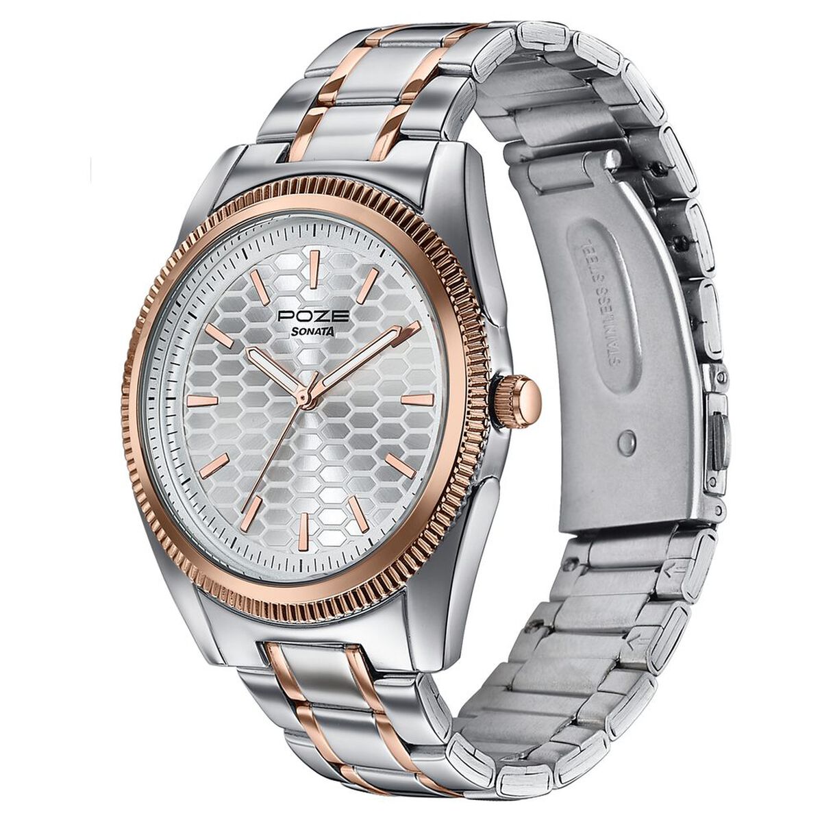Poze By Sonata Quartz Analog Silver Dial Two Toned Metal Strap Watch For Men 5