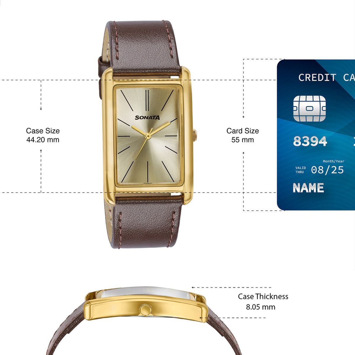 Sonata Ascent Gold Rectangular Watch with Brown Leather 4
