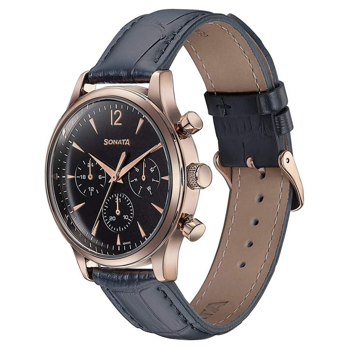 Sonata Wedding Edit Quartz Multifunction Black Dial Leather Strap Watch For Men 4