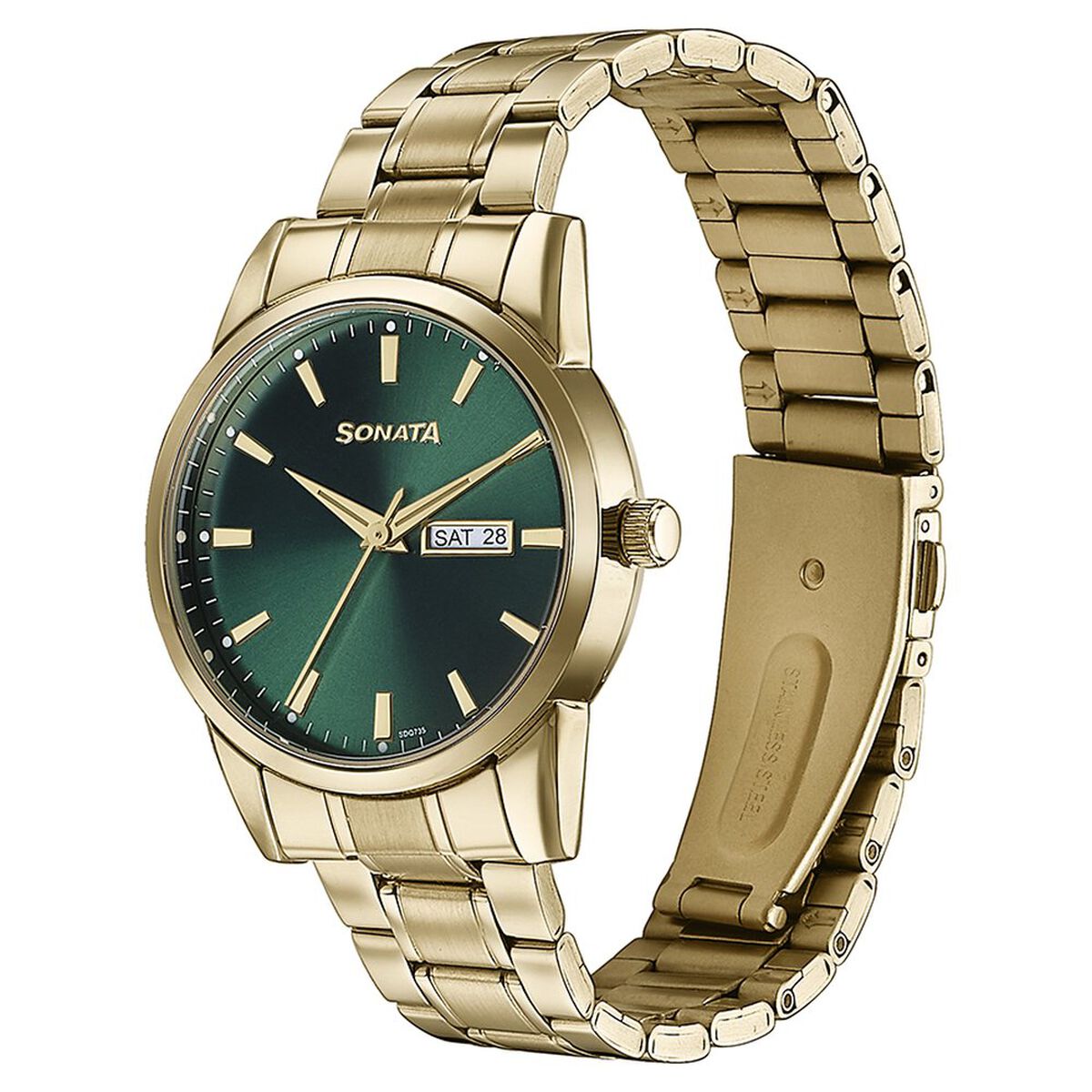 Sonata Quartz Analog with Day and Date Green Dial Golden Stainless Steel Strap Watch For Men 4
