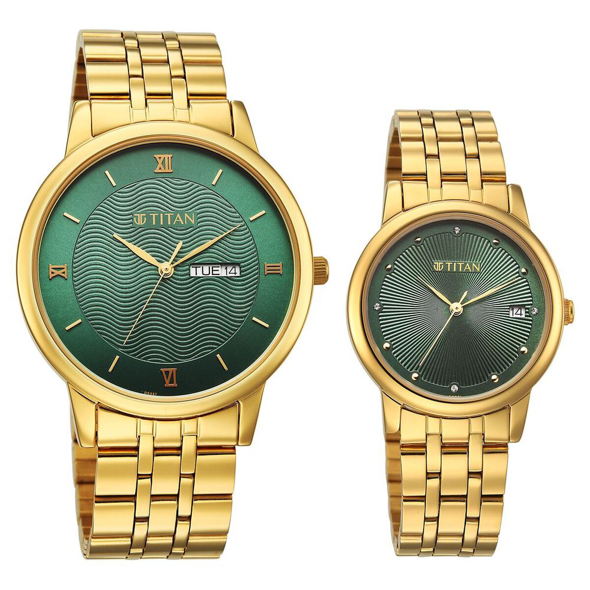 Titan Bandhan Eternal Pair Analog with Date and Green Dial Yellow Gold Stainless Steel Strap Watch for Couples 2