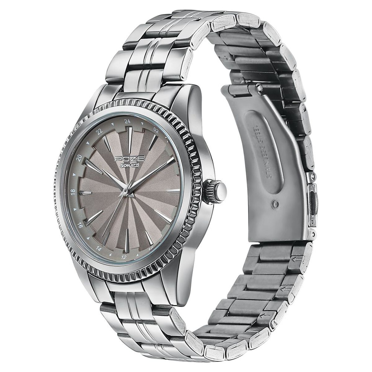 Poze By Sonata Quartz Analog Beige Dial Silver Metal Strap Watch For Men 5