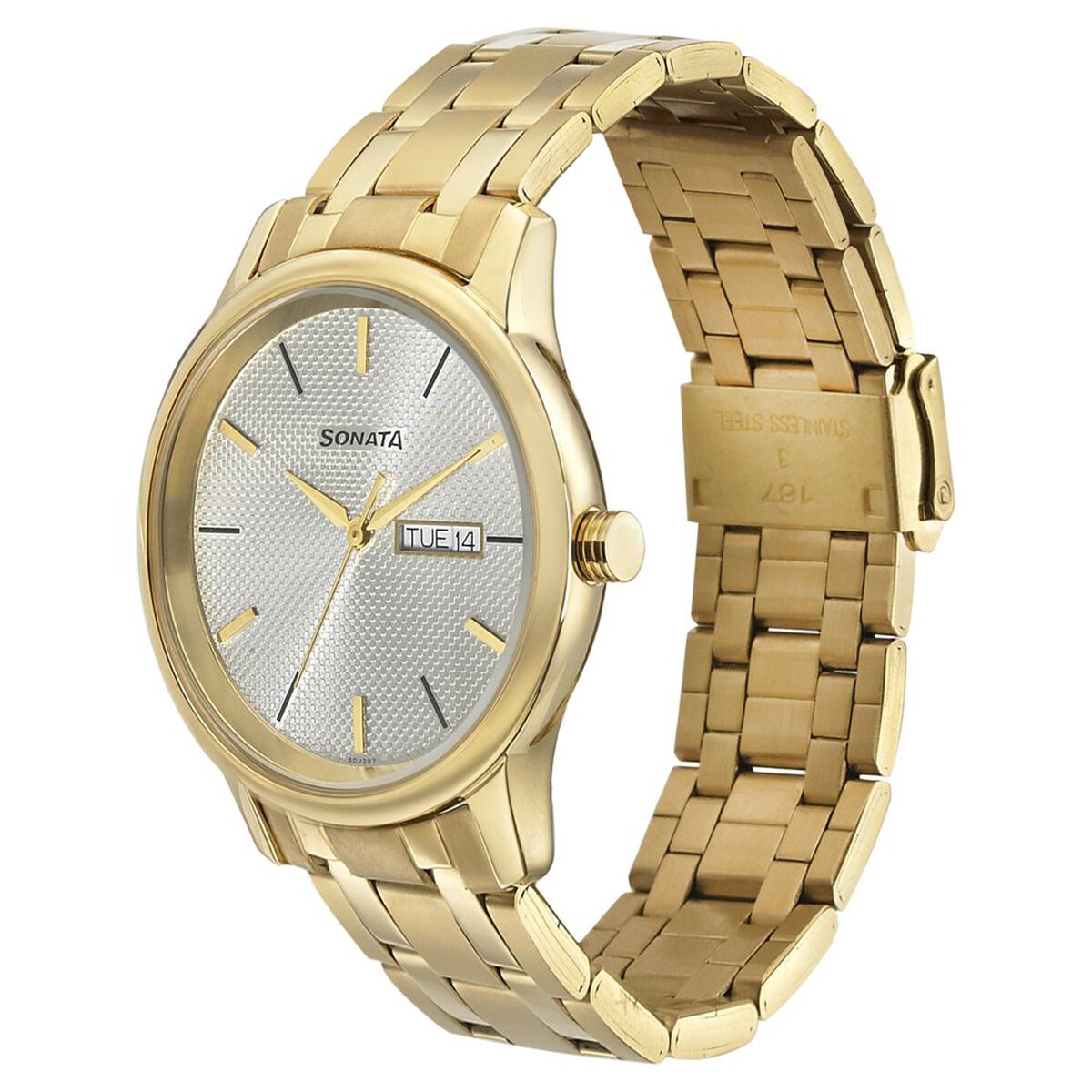 Sonata Quartz Analog with Day and Date Champagne Dial Metal Strap Watch for Men 2