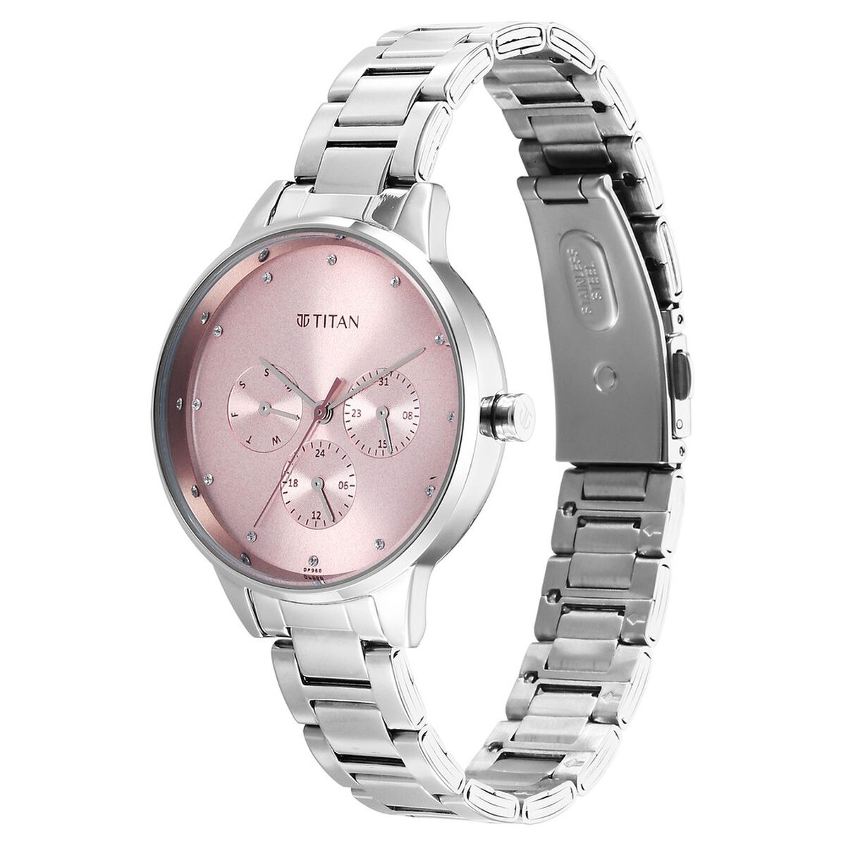 Titan Purple Razzle Dazzle Quartz Analog with Day and Date Pink Dial Silver Stainless Steel Strap Watch For Women 3