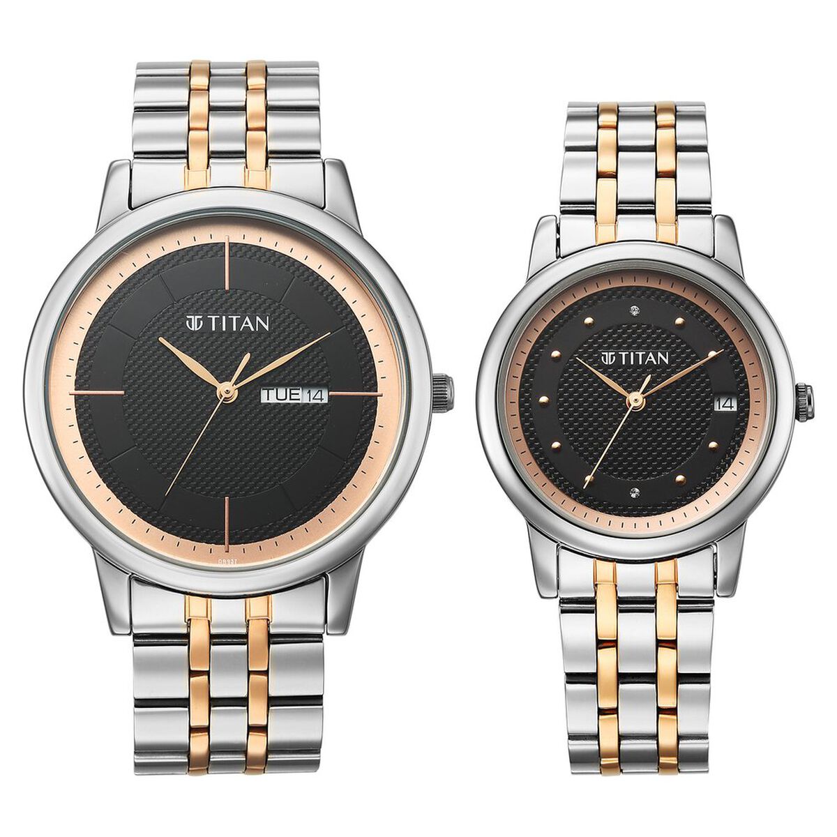 Titan Bandhan Eternal Pair Analog with Date and Black Dial Dual Tone Stainless Steel Strap Watch for Couples 1