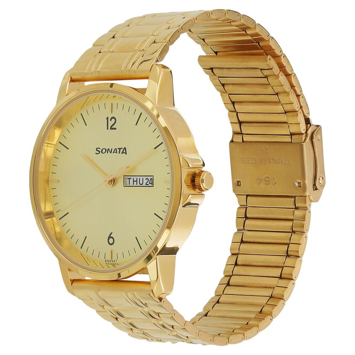 Sonata Quartz Analog with Day and Date Champagne Dial Stainless Steel Strap Watch for Men 2