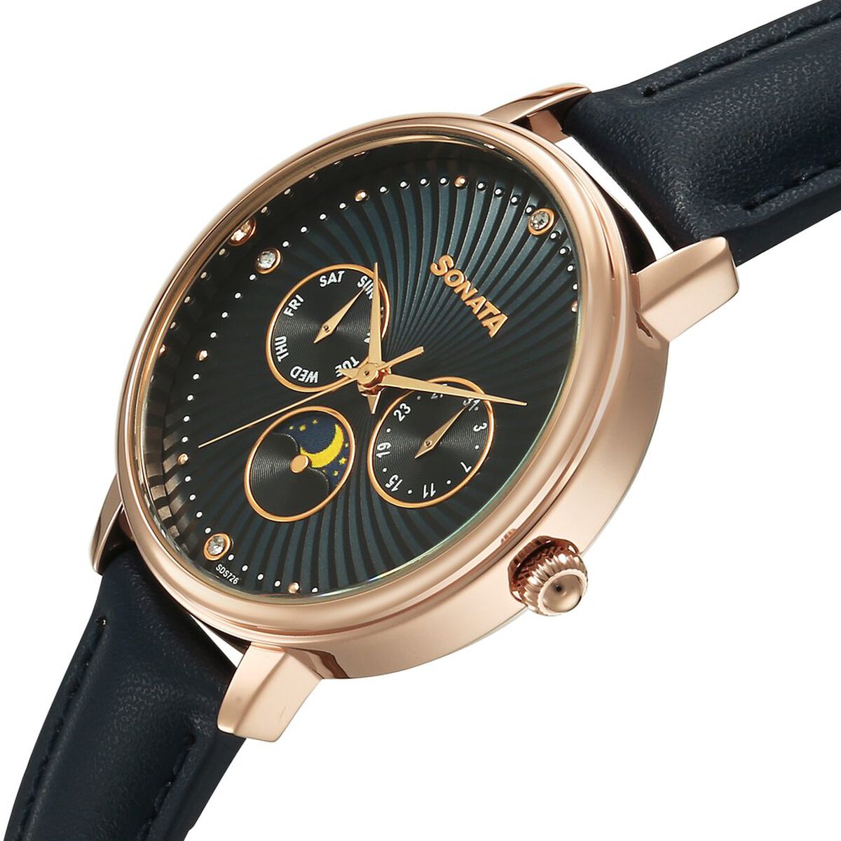 Sonata Festive Quartz Multifunction Blue Dial Leather Strap Watch For Women 3