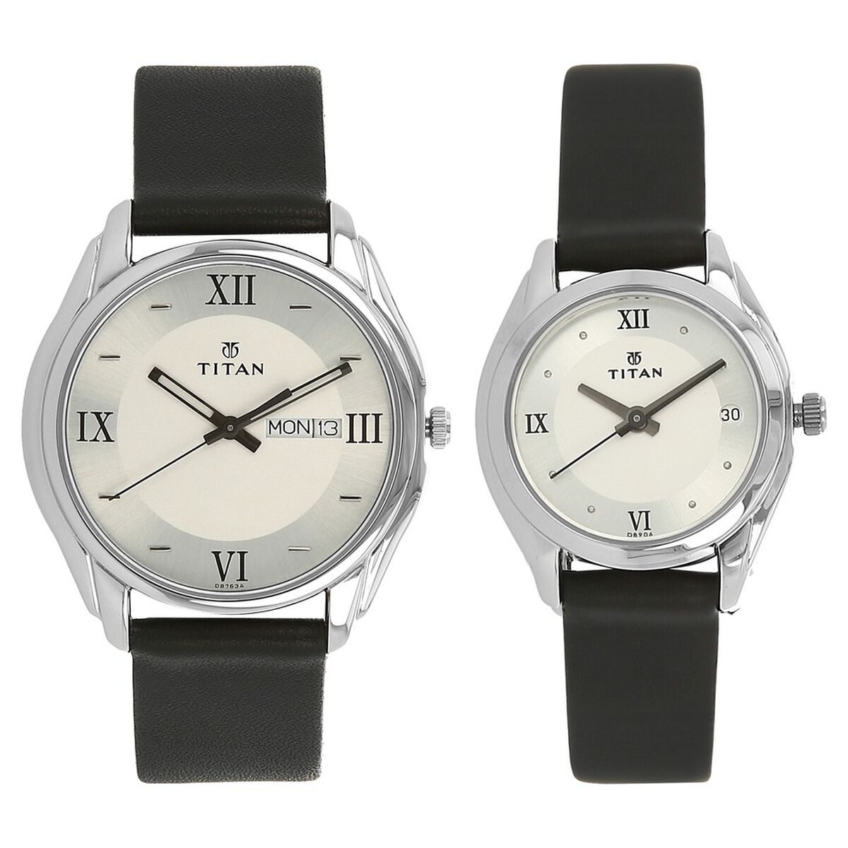 Titan Analog with Day and Date Silver Dial Leather Strap watch for Couple 1