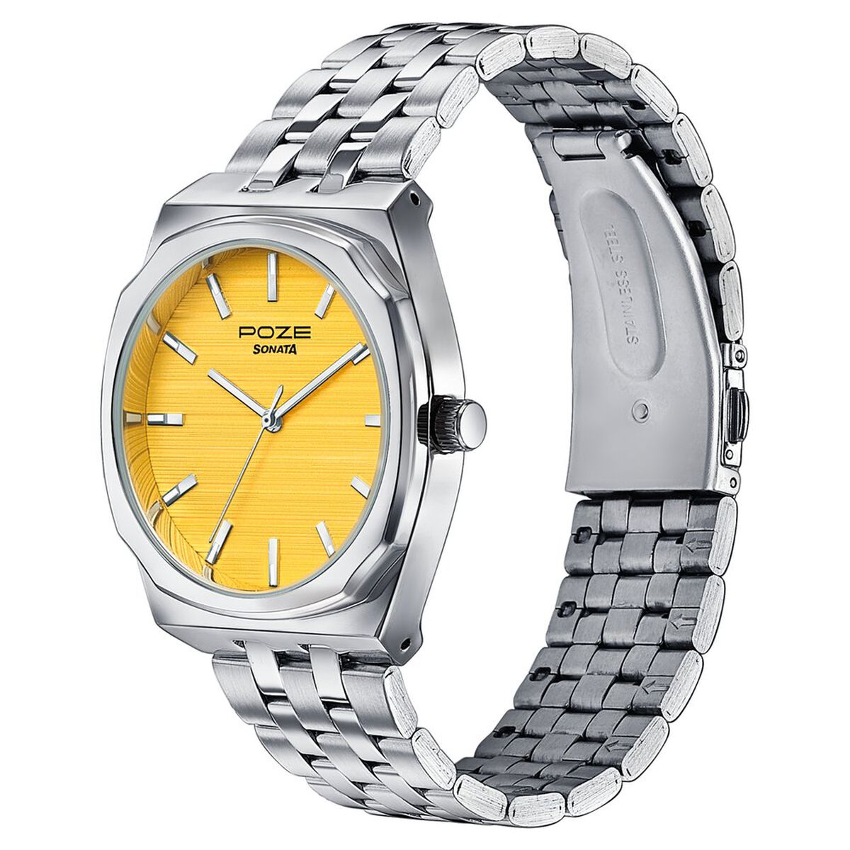 Sonata Poze Quartz Analog Yellow Dial Silver Colour Stainless Steel Strap Watch For Men 5