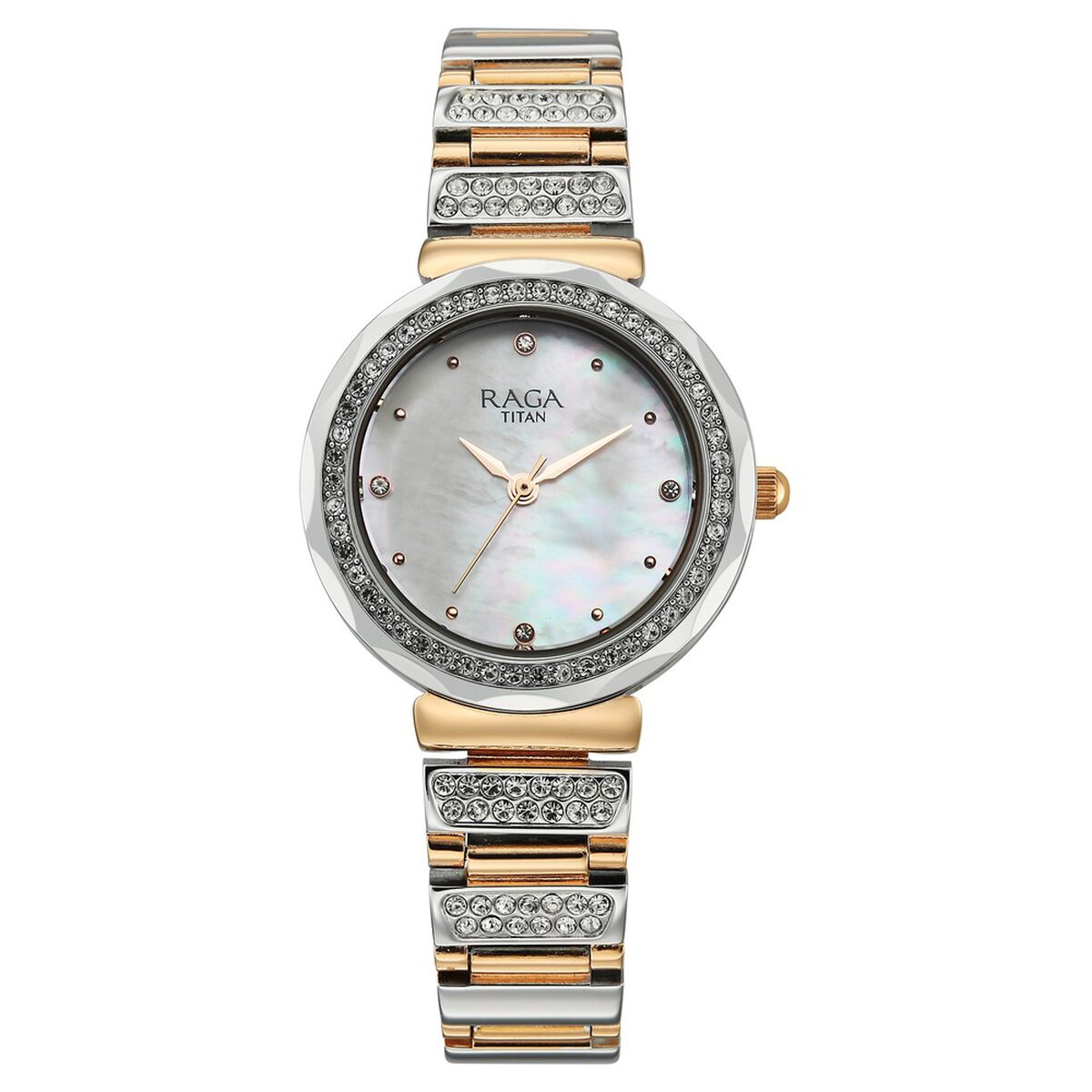 Titan Raga Spotlight Quartz Analog Mother of Pearl Dial Two Toned Metal Strap Watch For Women 1