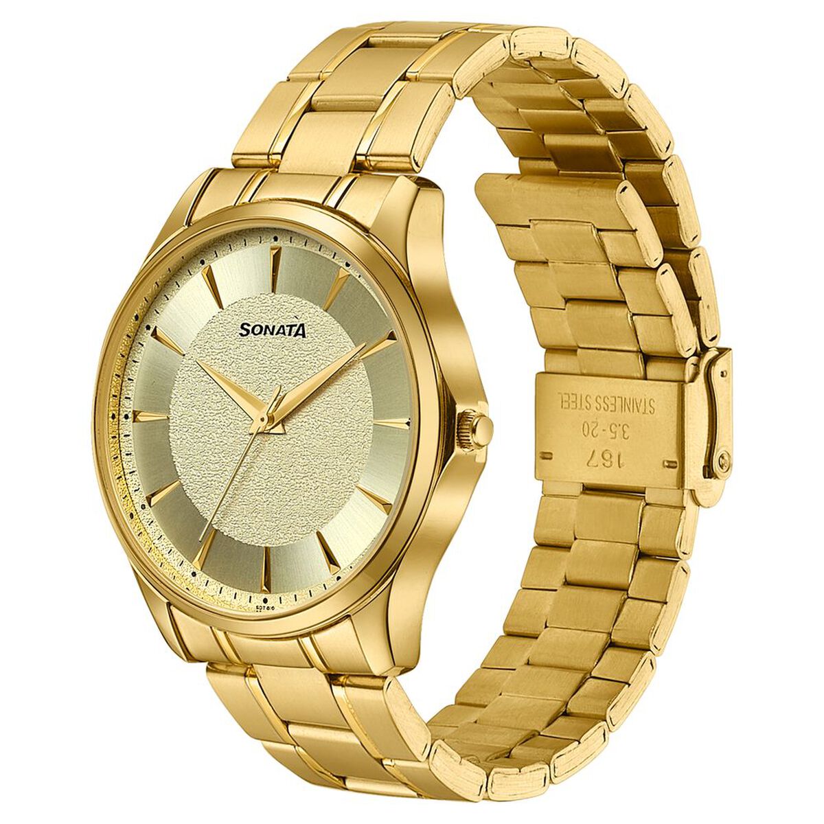 Sonata Traditional Essentials Gold Dial Gold-Tone Stainless Steel Strap Watch 3