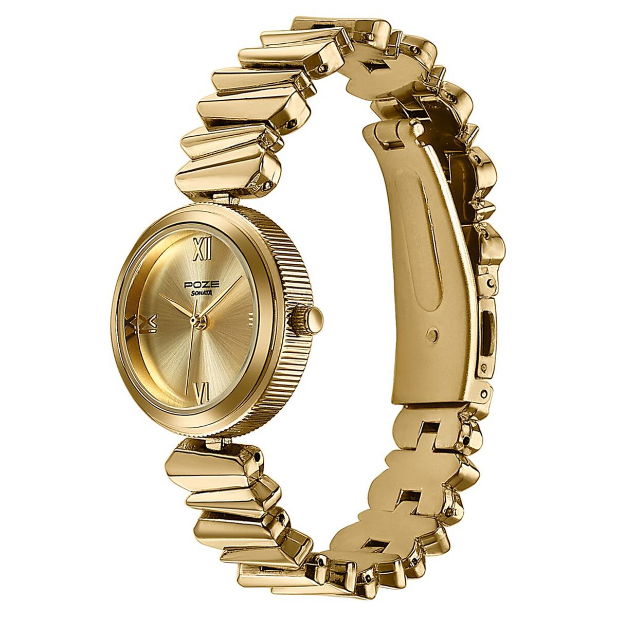 Poze By Sonata Quartz Analog Golden Dial Golden Metal Strap Watch For Women 5