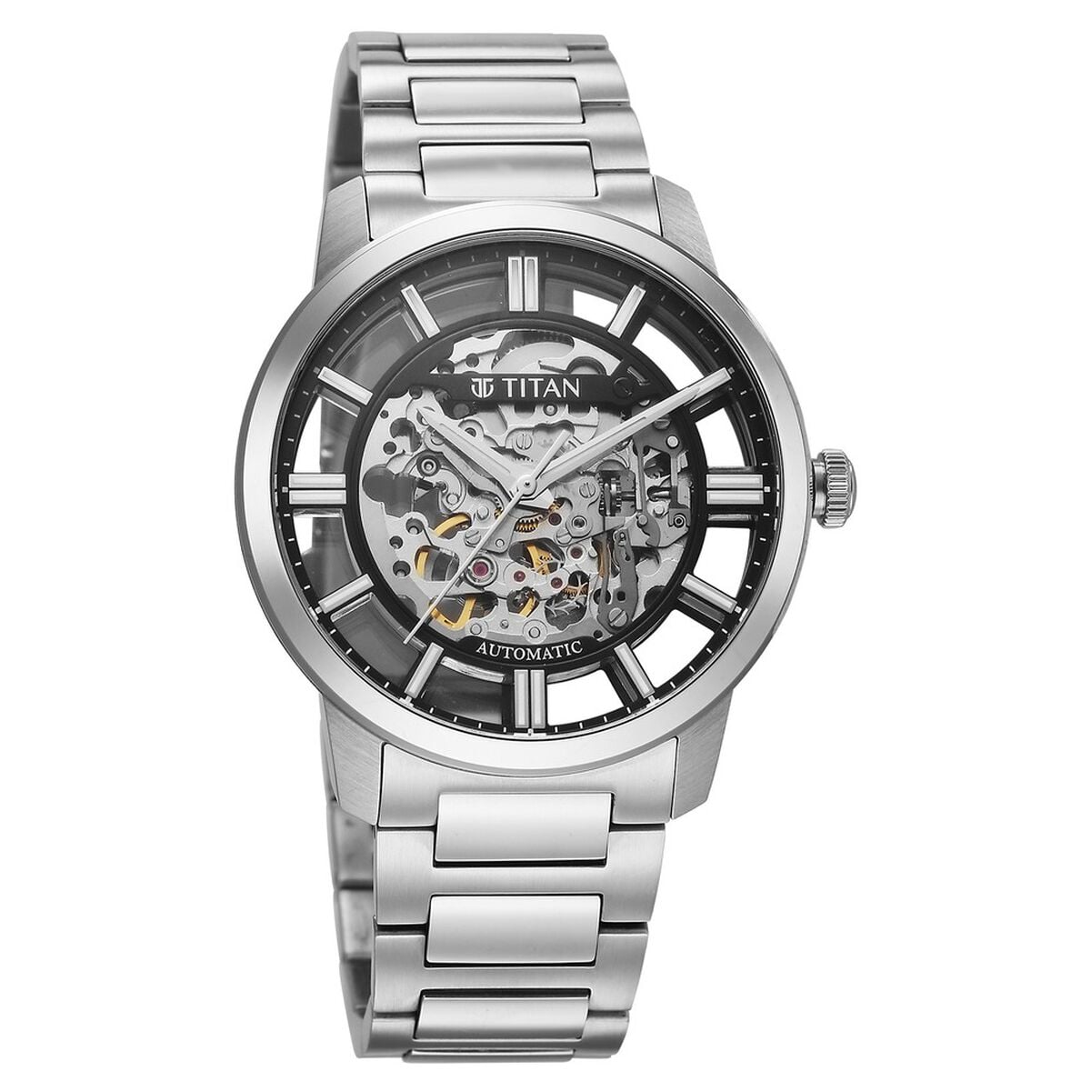 Titan See-Through Skeletal Automatic Analog with Black Dial Silver Stainless Steel Strap Watch for Men 3