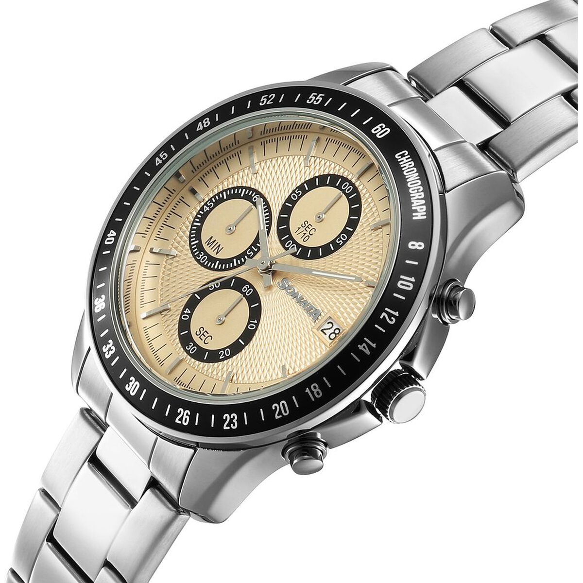 Sonata Chronos Quartz Analog with Date Champagne Dial Silver Colour Stainless Steel Strap Watch For Men 5