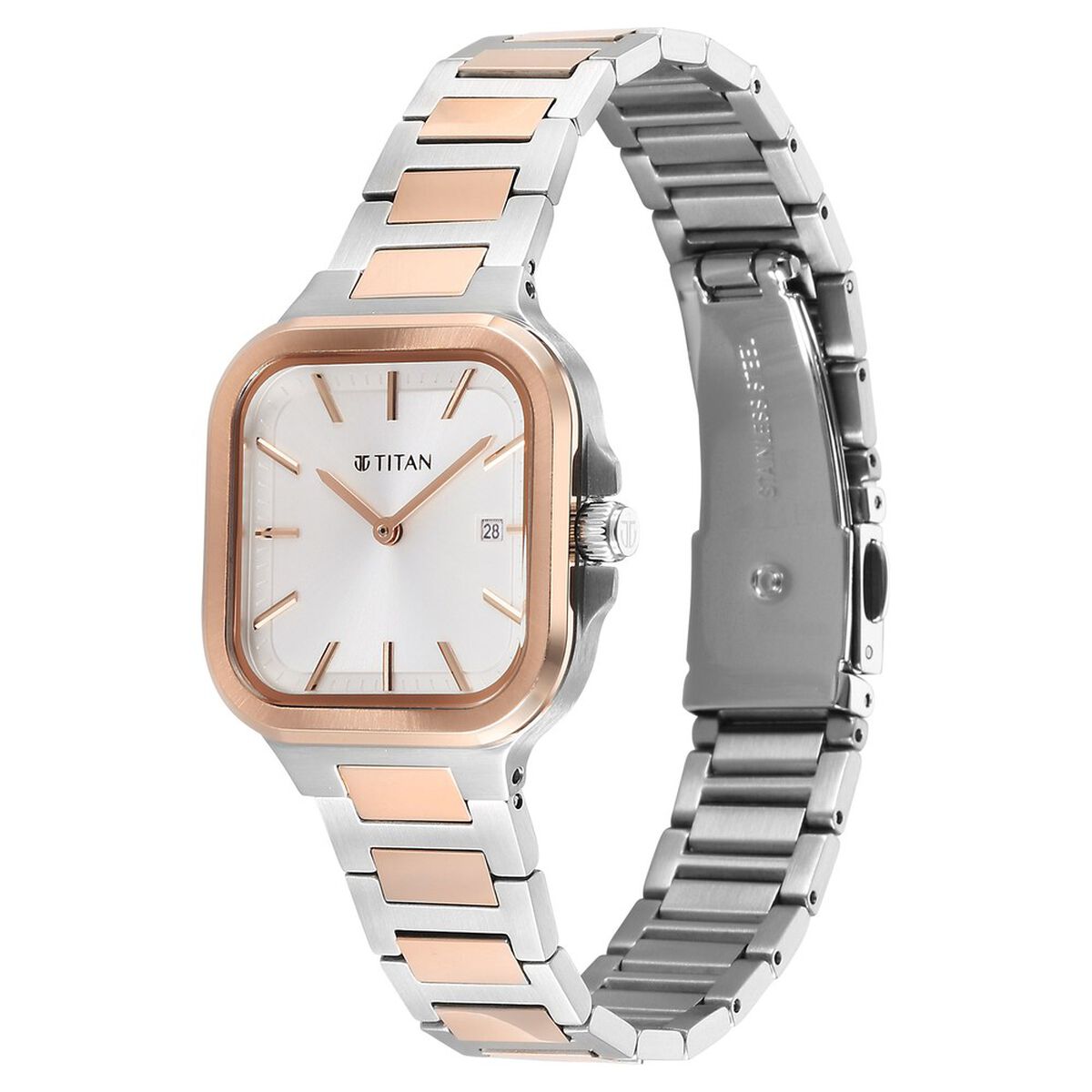 Titan Slim Square Quartz Analog with Date Silver Dial With Two Toned Color Stainless Steel Strap Watch For Women 3