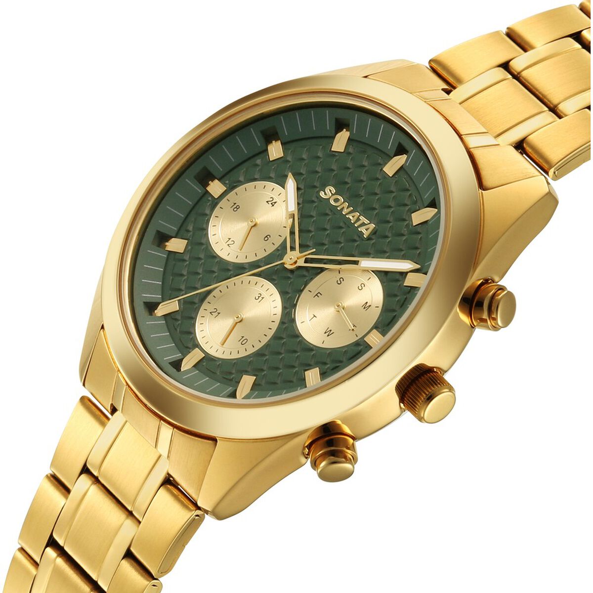 Sonata Multifunction Green Dial Golden Metal Strap Watch For Men 5